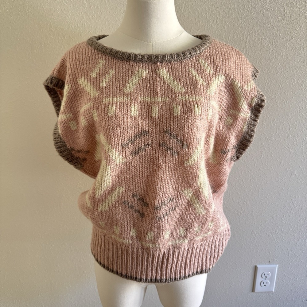 Vintage Beldoch Popper Sweater Vest Womens L Wool Pink Gray Preppy 80s 90s